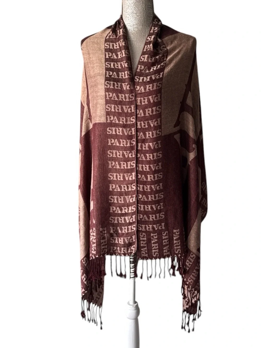 Paris Eiffel Tower Brown Camel Fringe Wrap Scarf Shawl Size OS